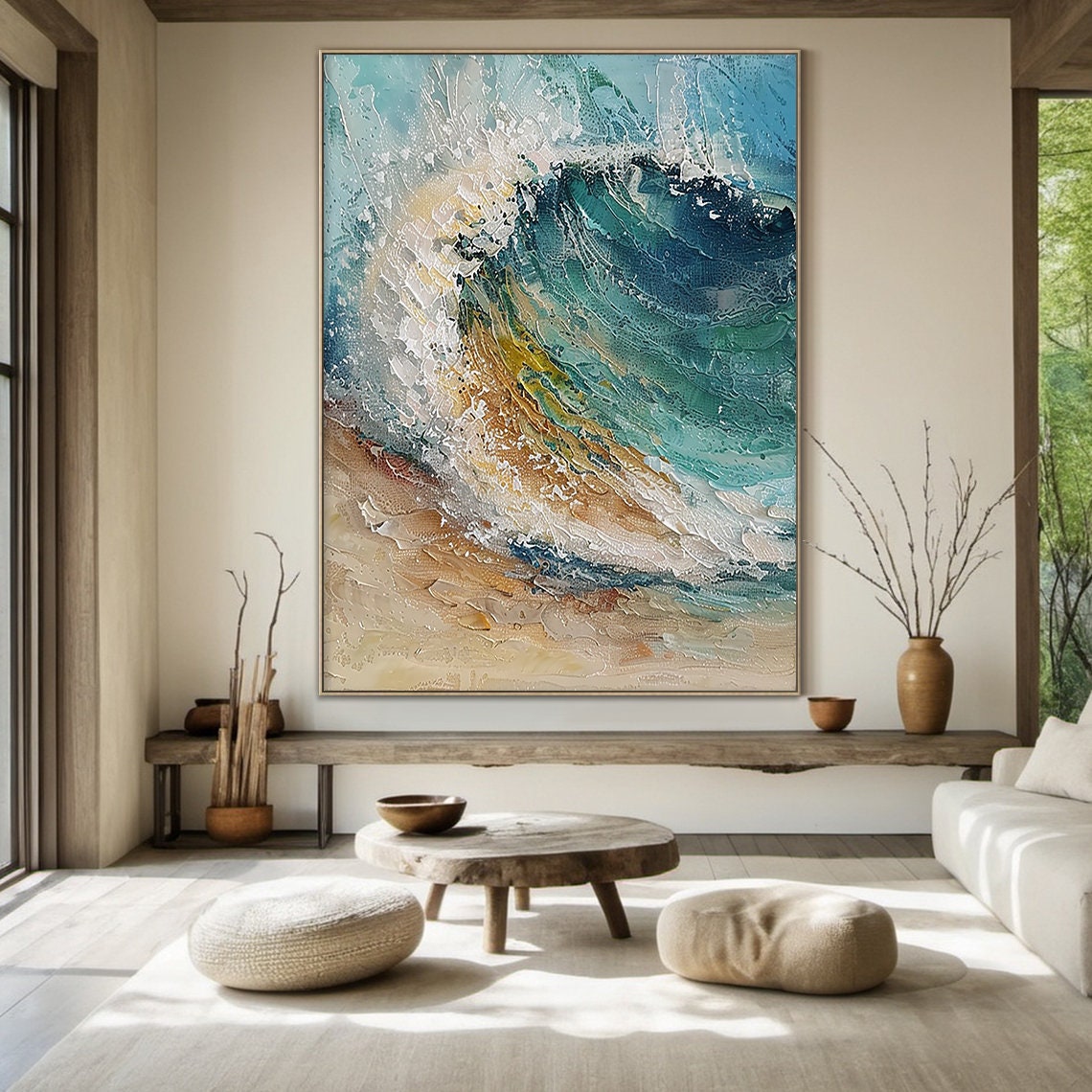 Teal Ocean Wave Painting Gold Sand Impasto Abstract Textured Wall Art