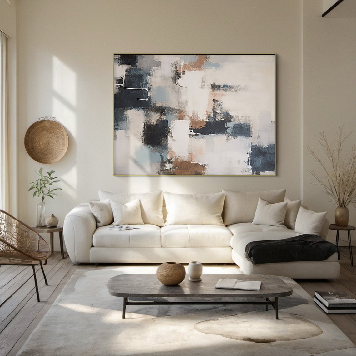 White Grey Navy Abstract Oil Painting Vertical Blocks Modern Poster - Image 2