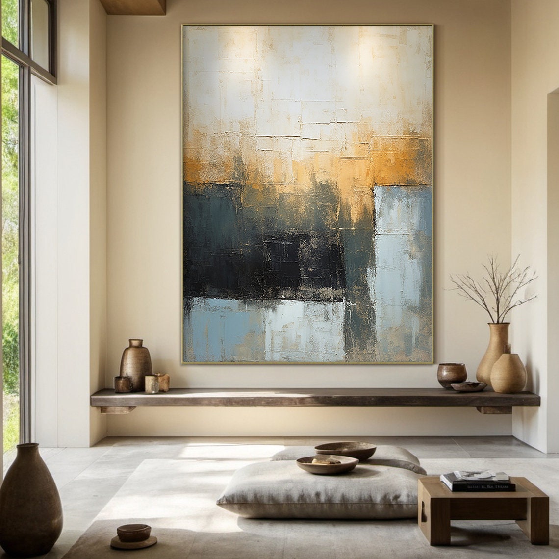 Golden Yellow Abstract Painting Dark Teal Textured Modern Art Poster