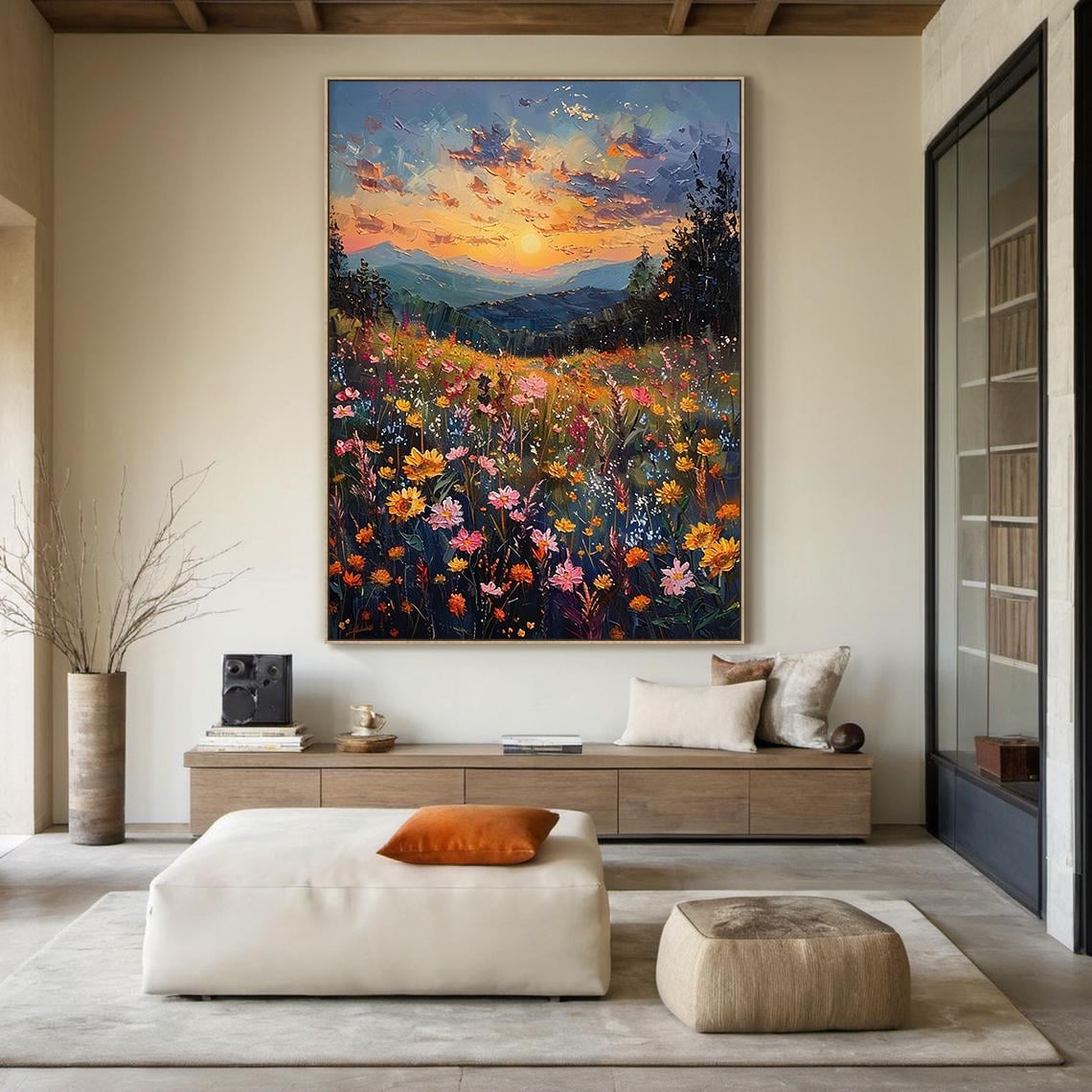 Sunset Wildflower Meadow Mountain Painting Colorful Floral Art Poster