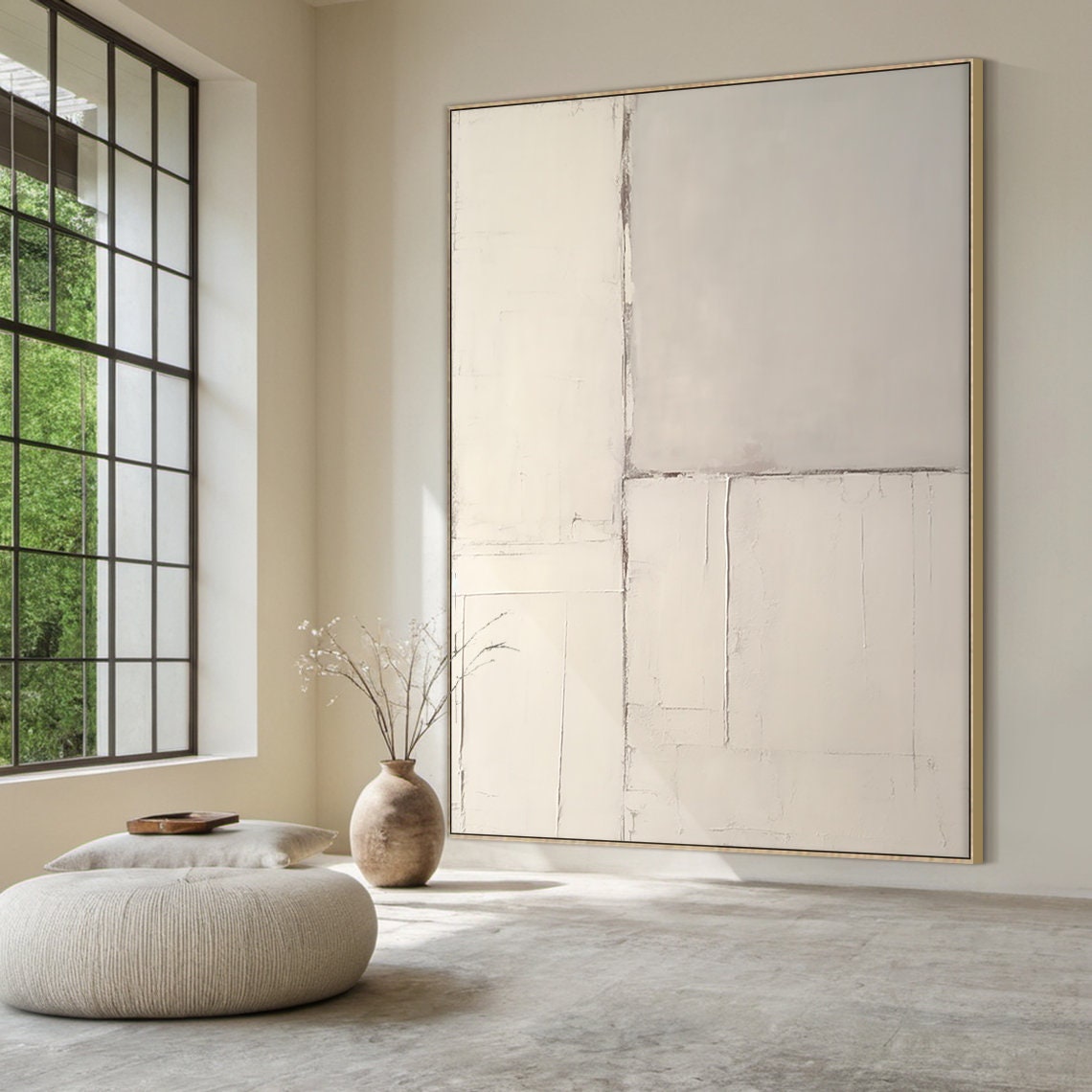 Warm Beige Minimalist Plaster Abstract Subtle Grid Lines Calm Wall Art - Image 5
