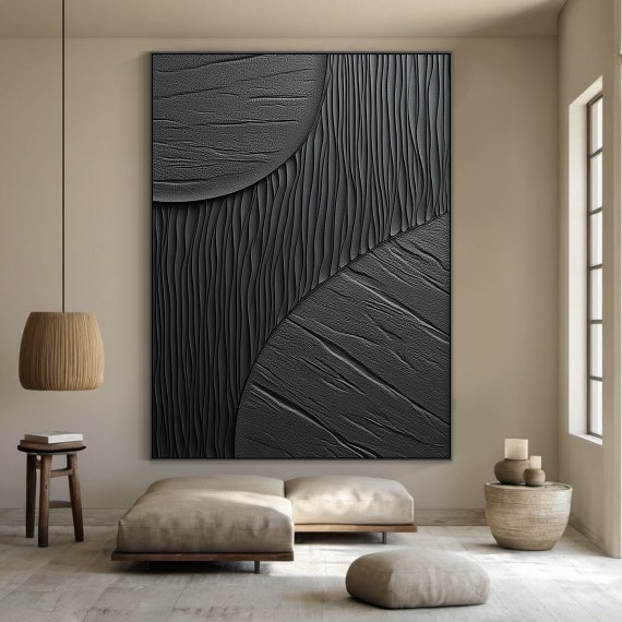 Black Abstract Painting Black Wabi Sabi Wall Art Large Black Wall Art Black Textured Hand Painting Neutral Wall Decor Art