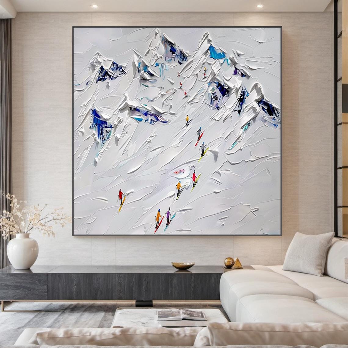 White Snow Mountain Skiers 3D Textured Impasto Winter Sport Wall Art - Image 6