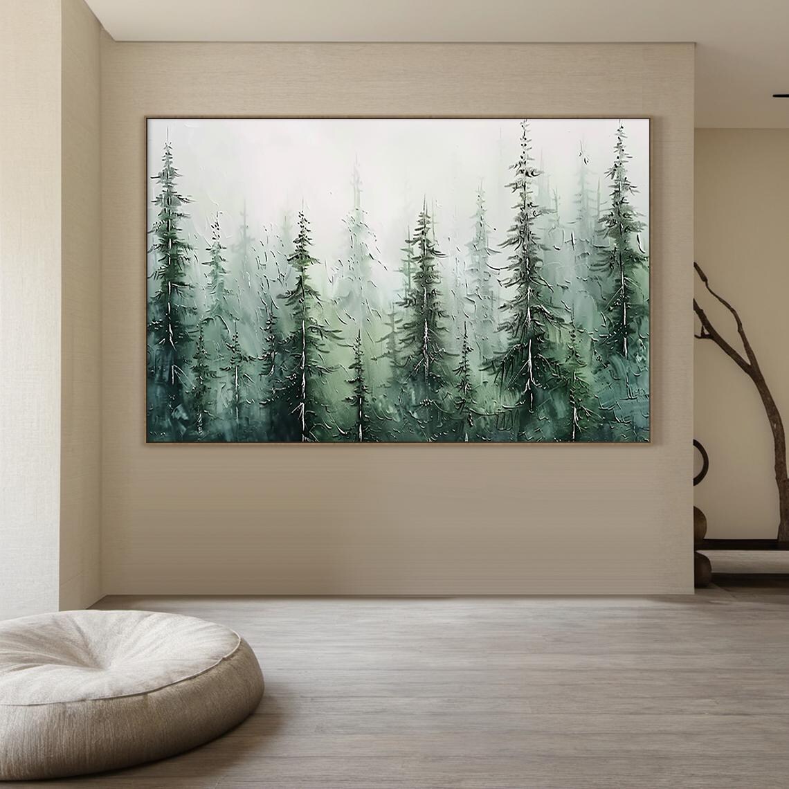 Misty Green Pine Forest Soft Watercolor Dreamy Nature Wall Art - Image 3