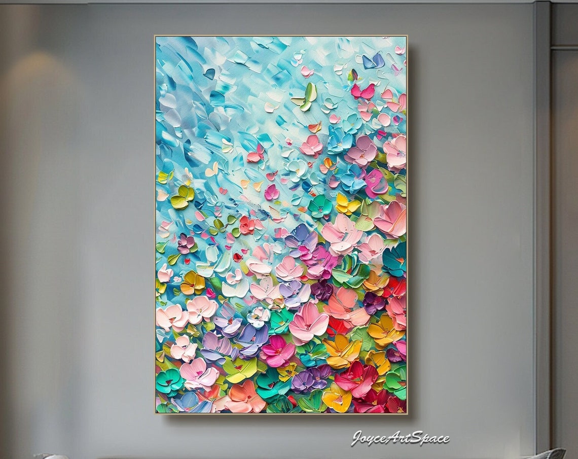 Rainbow Petal Burst Blue Textured 3D Floral Abstract Oil Poster