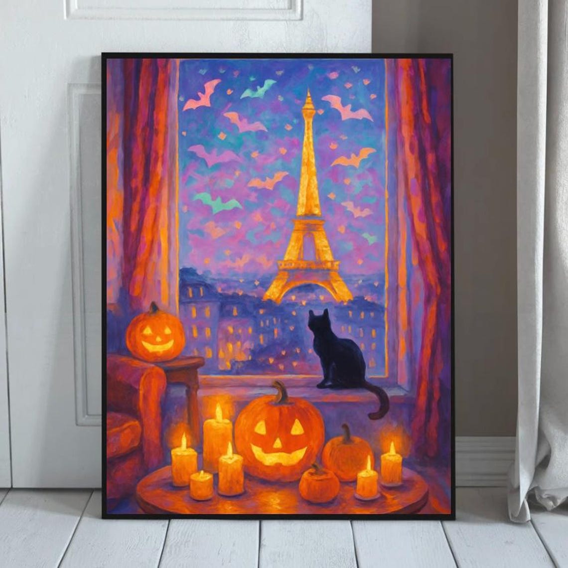 Halloween In Paris Art Print Black Cat Eiffel Tower