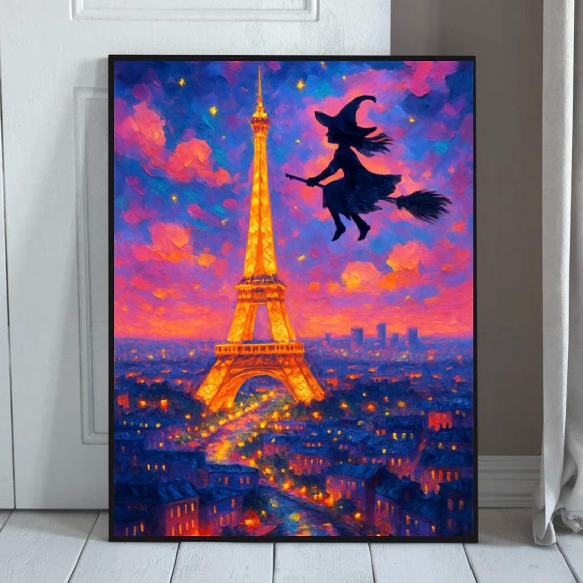 Witch Over Paris Halloween Print Magical Night Sky Art