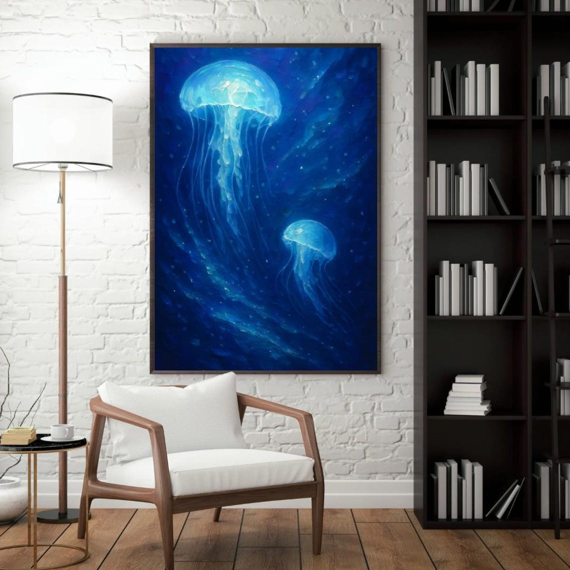 Glowing Blue Jellyfish Deep Ocean Navy Painting Wall Decor Poster