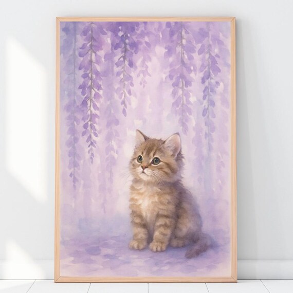 Cute Fluffy Kitten Under Purple Wisteria Watercolor Art Poster