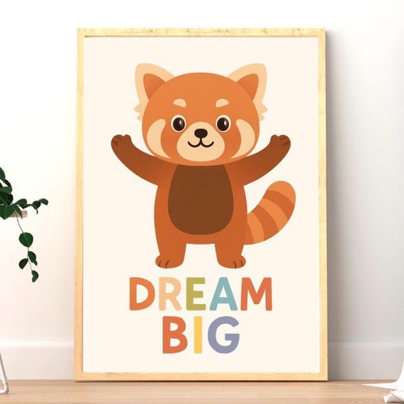 Dream Big Red Panda Nursery Print Cute Animal Wall Art For Kids Room Baby Decor Motivational Poster