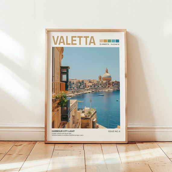 Valletta Malta Travel Poster Harbour City Golden Stone Mediterranean Sea View