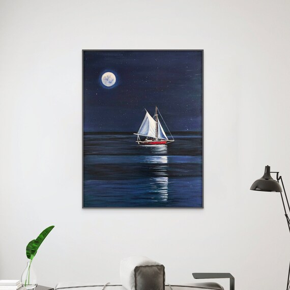 Moonlit Sailboat Night Sea Full Moon Reflection Ocean Night Sky Poster