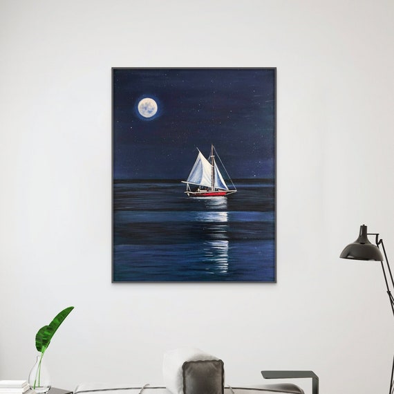 Sailboat Painting Celestial Wall Art Moon Print Moonlit Sailing Art Print Summer Art Print Skies Wall Art Nature Lover Gift