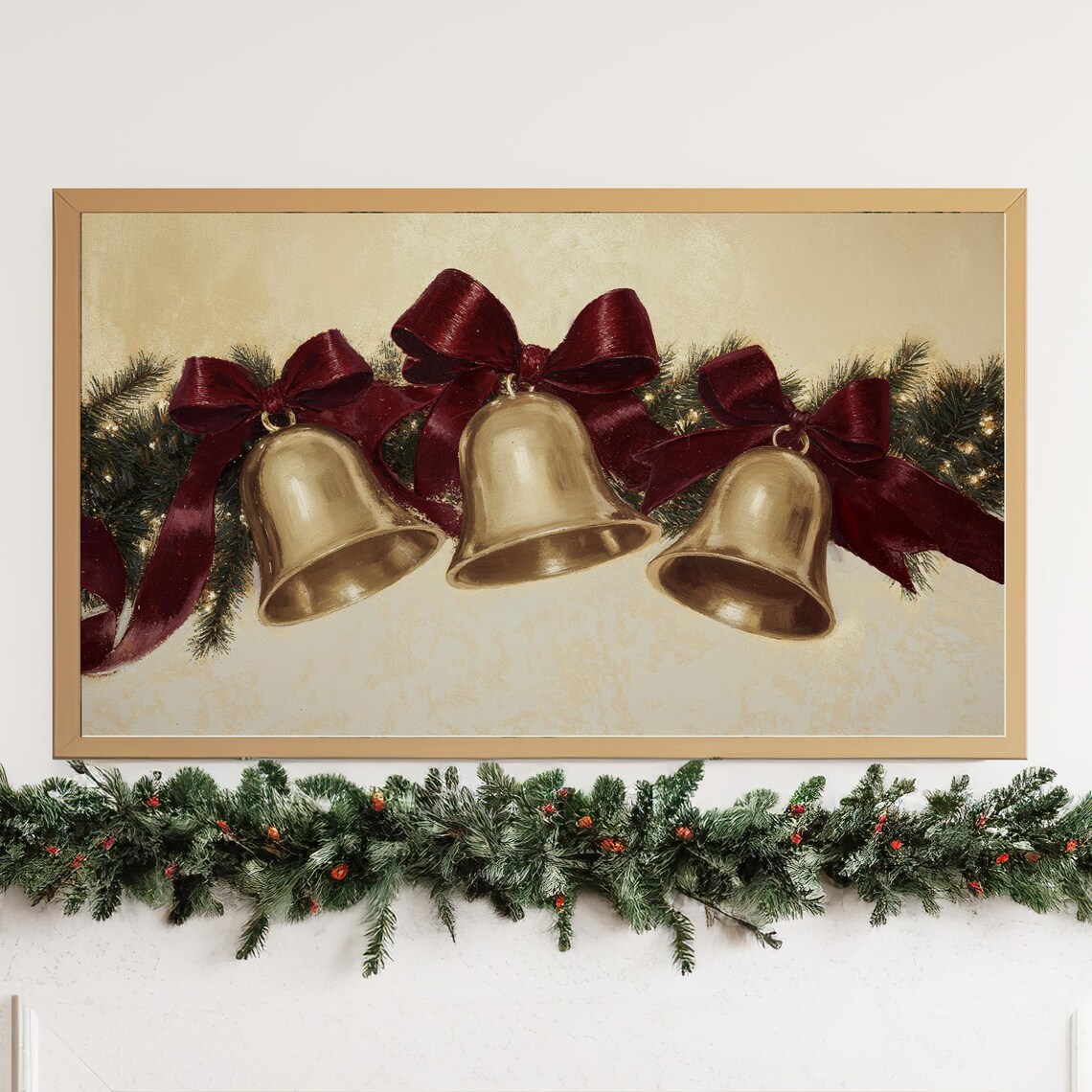 Christmas Bells and Bows Gold Burgundy Art Print - Image 3