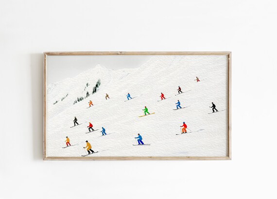 Colorful Skiers Snowy Mountain Slope Minimalist Winter Art Poster
