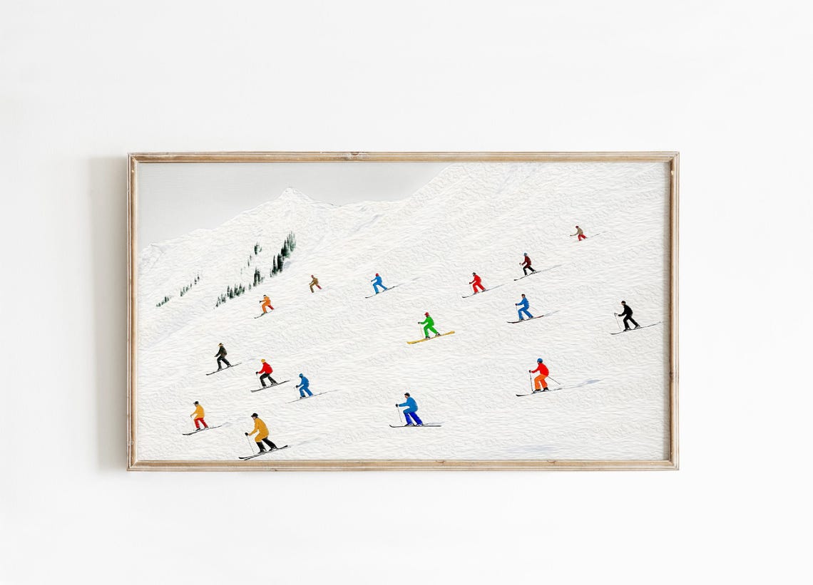 Colorful Skiers Snowy Mountain Slope Minimalist Winter Art Poster