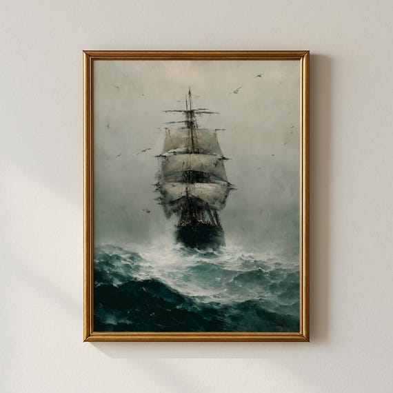 Tall Ship in Stormy Sea Dramatic Nautical Seascape Oil Print