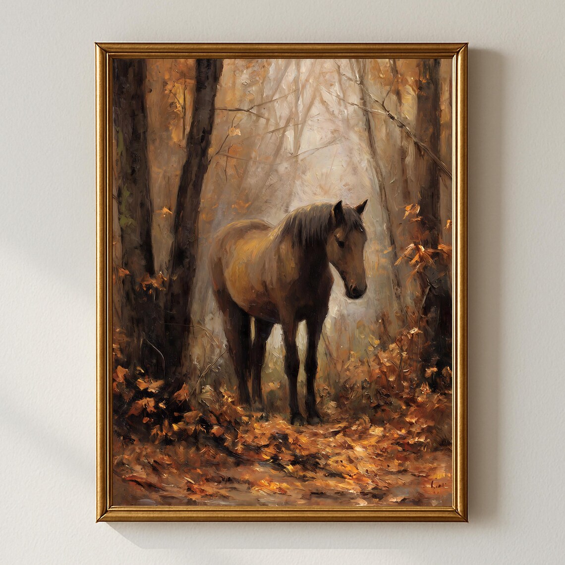 Rustic Horse Art Print, Moody Autumn Forest