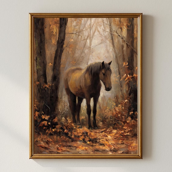 Rustic Horse Art Print, Moody Autumn Forest