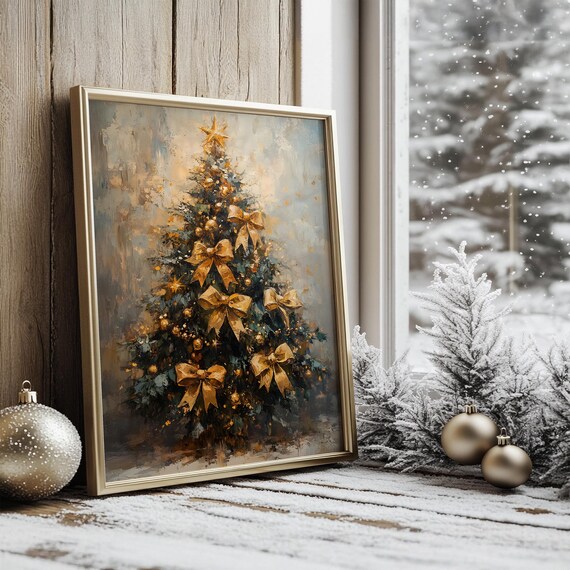 Christmas Tree with Gold Bows Elegant Holiday Painting Festive Decor Poster