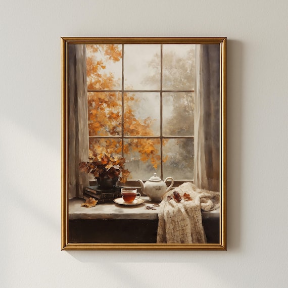 Cozy Autumn Wall Art Rustic Window Scene With Tea Books And Leaves Farmhouse Fall Decor