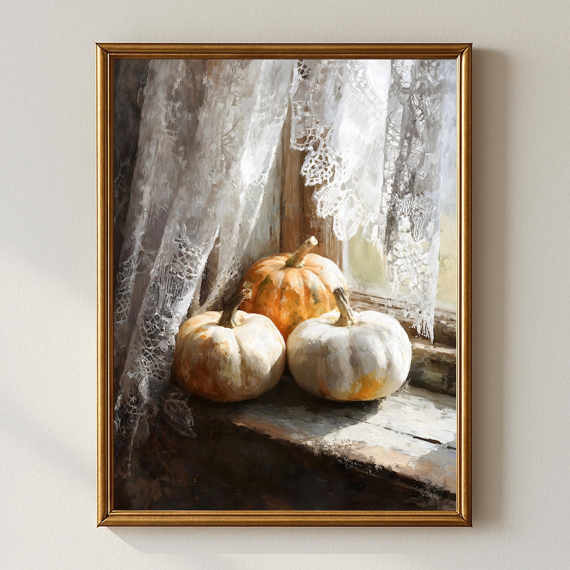 White Pumpkins On Rustic Windowsill Lace Curtain Fall Oil Painting Poster