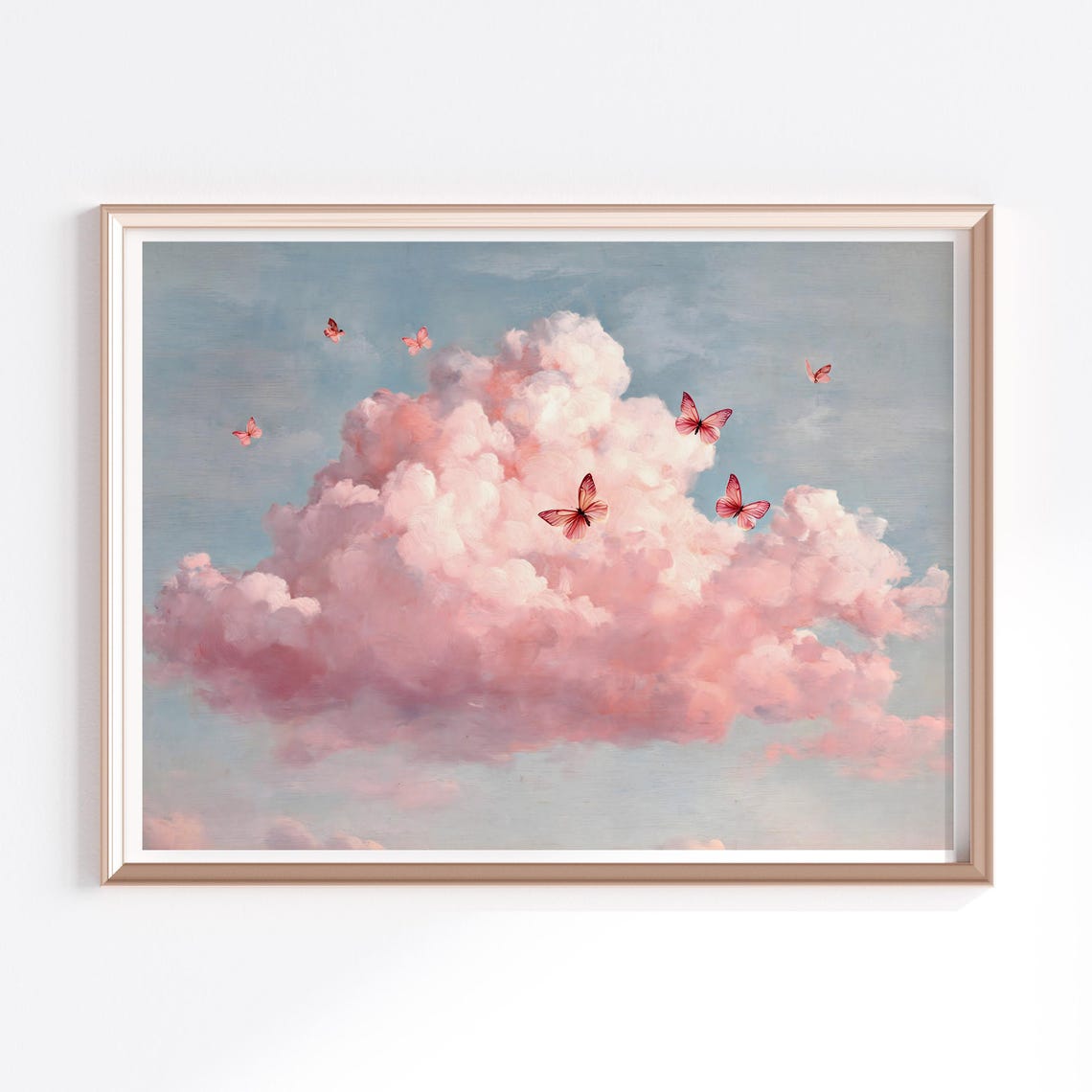 Pink Cloud With Butterflies Wall Art Blush Prints Abstract Decor Minimalist For Nursery And Bedroom