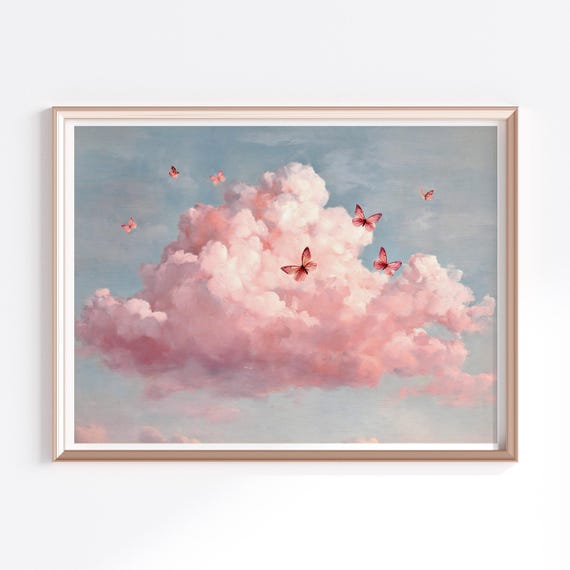 Pink Cloud With Butterflies Wall Art Blush Prints Abstract Decor Minimalist For Nursery And Bedroom