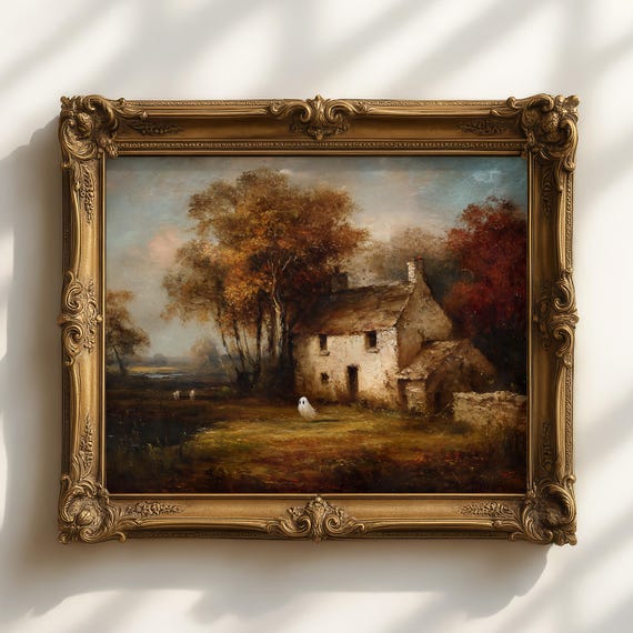 Moody Wall Art Cottage Halloween Decor Autumn Landscape Spooky Vintage Style