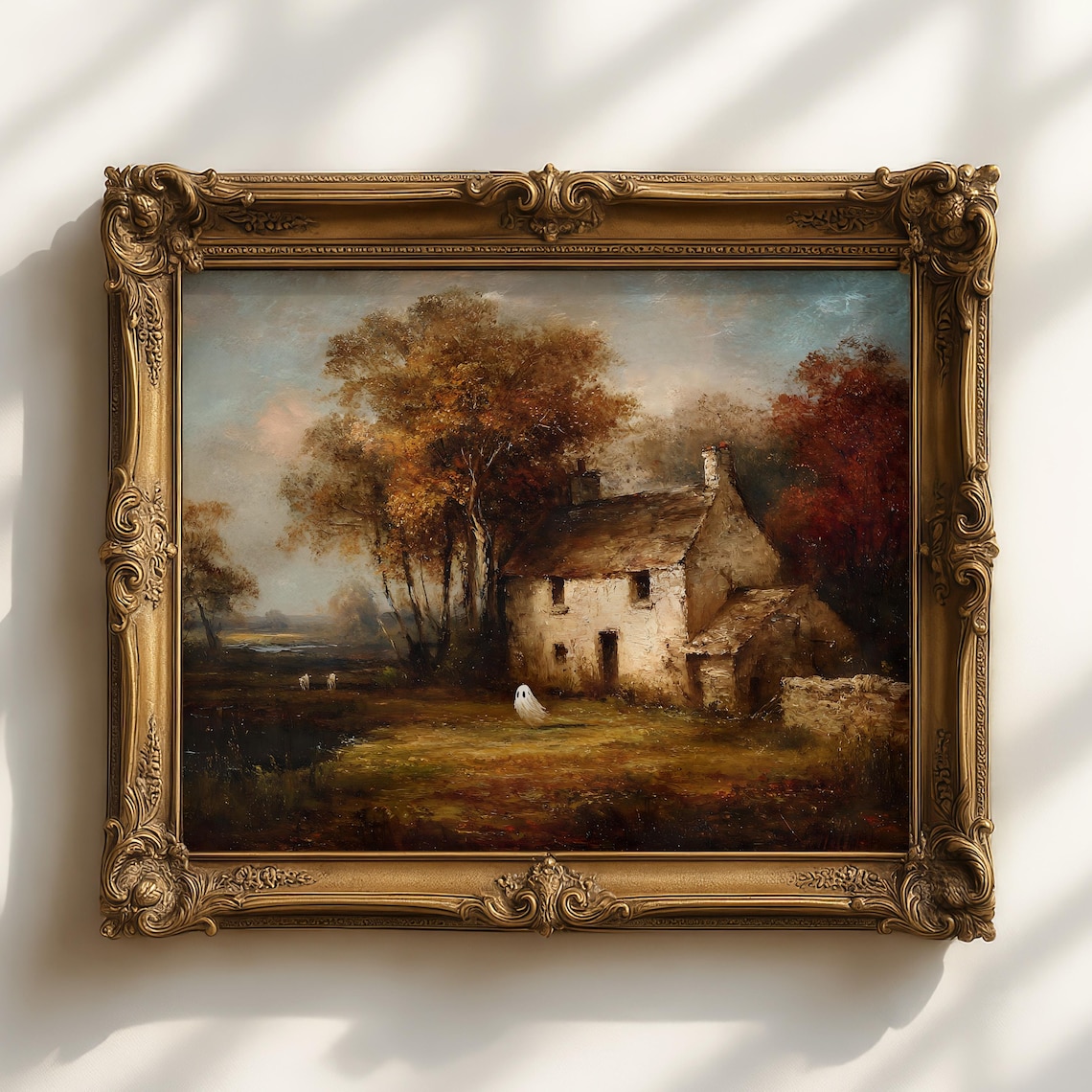 Spooky Ghost Cottage Autumn Landscape Vintage Halloween Poster