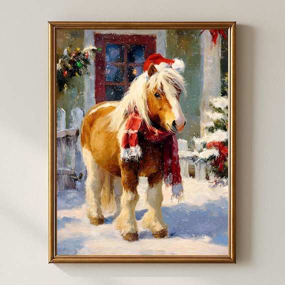 Christmas Pony Wearing Santa Hat and Red Scarf in Snow Poster