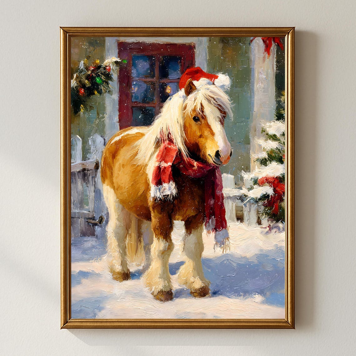Christmas Pony Wearing Santa Hat and Red Scarf in Snow Poster