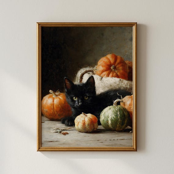 Black Cat Pumpkin Wall Art Halloween Decor Spooky Print For Home Witchy Artwork