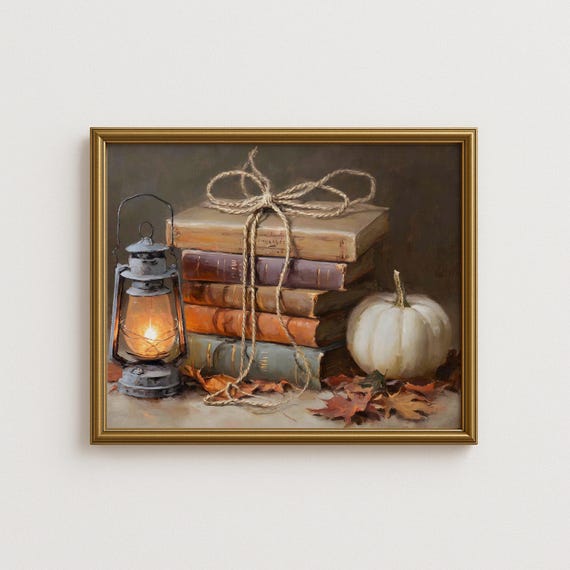 Vintage Books And Lantern Still Life Wall Art Rustic Pumpkin Autumn Decor Cozy Farmhouse Dark Academia Fall Painting