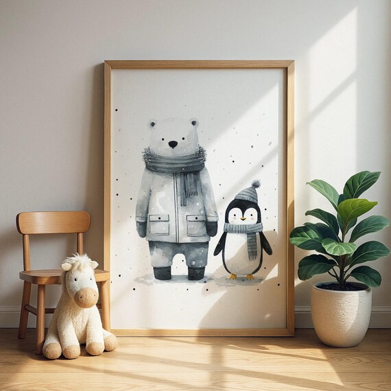 Bear Penguin Winter Scene Print White Polar And With Scarf Wall Art Nursery Decor