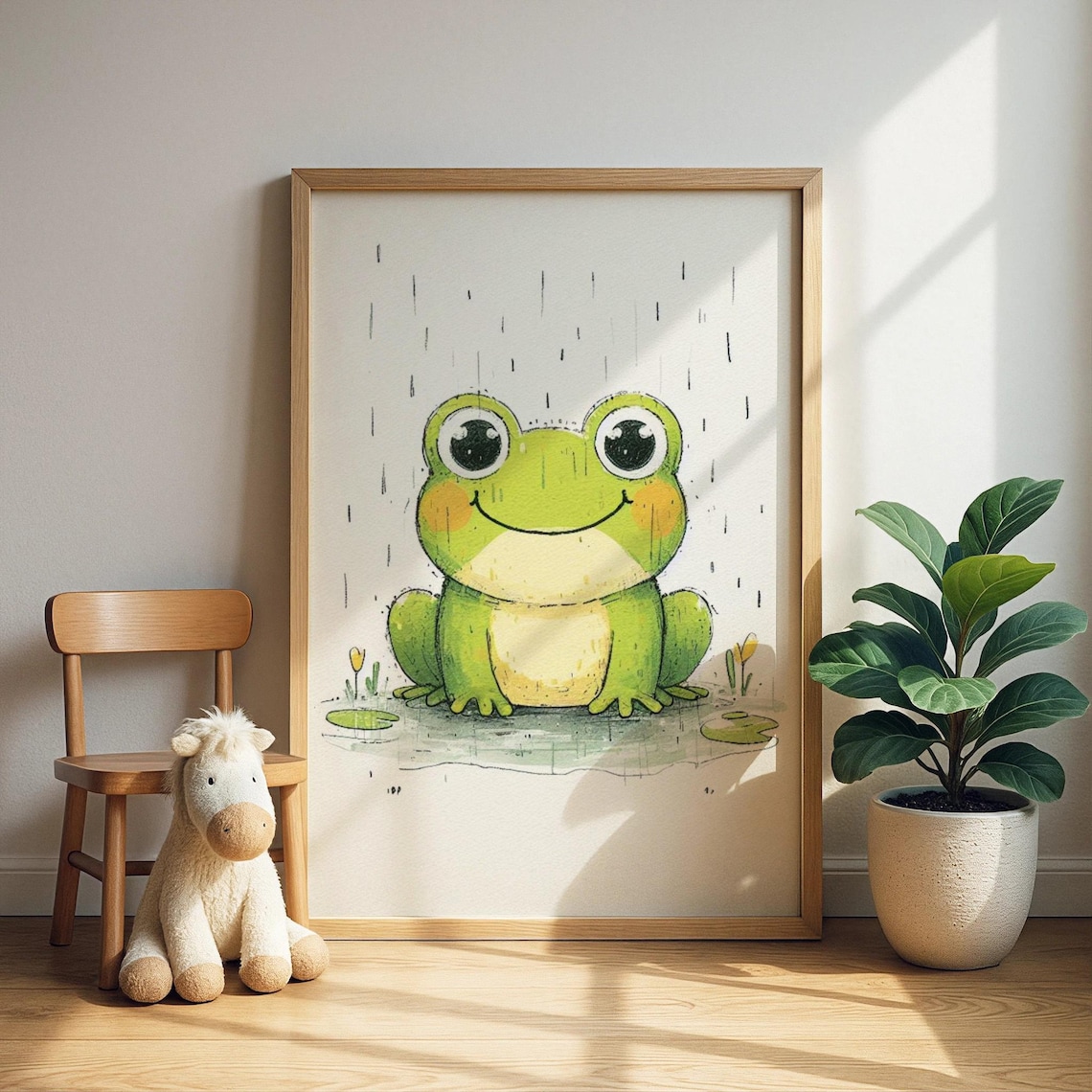 Cute Green Frog Smiling In Gentle Rain Lily Pads Nursery Poster