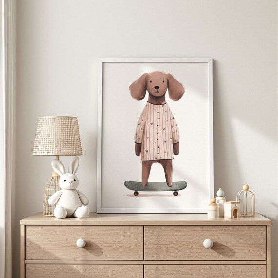 Skateboarding Dog Print Cool Puppy Nursery Art Kids Room Decor Wall