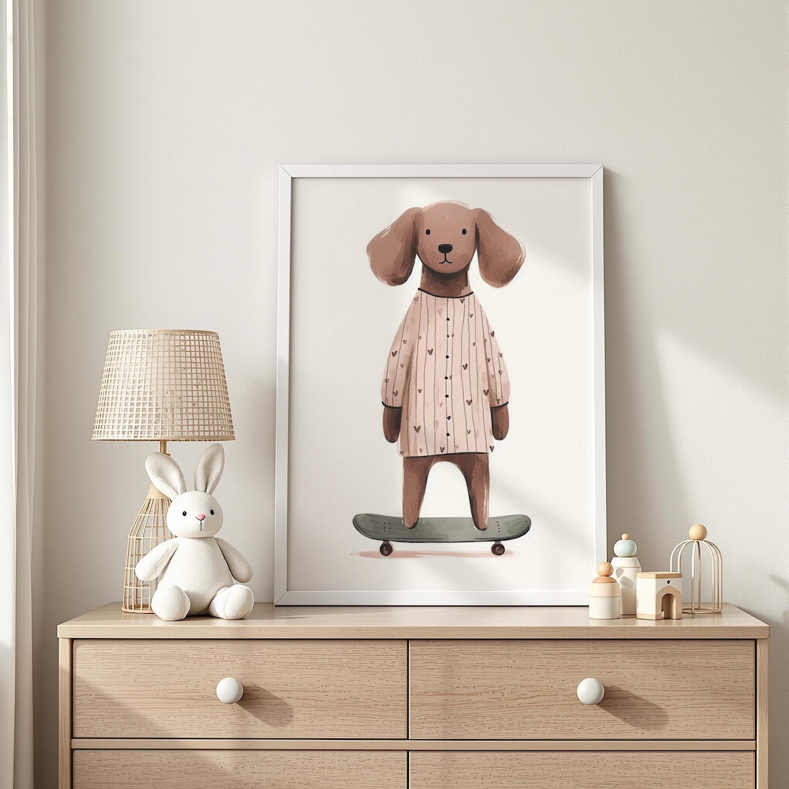 Skateboarding Dog Nursery Poster Brown Dachshund Dress Cute Kids Room Art