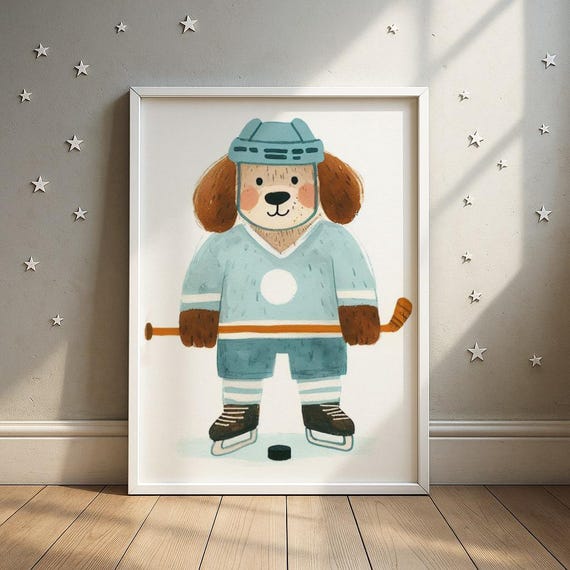 Ice Hockey Dog Art Print Canine Player Wall Decor Toddler Sports Room