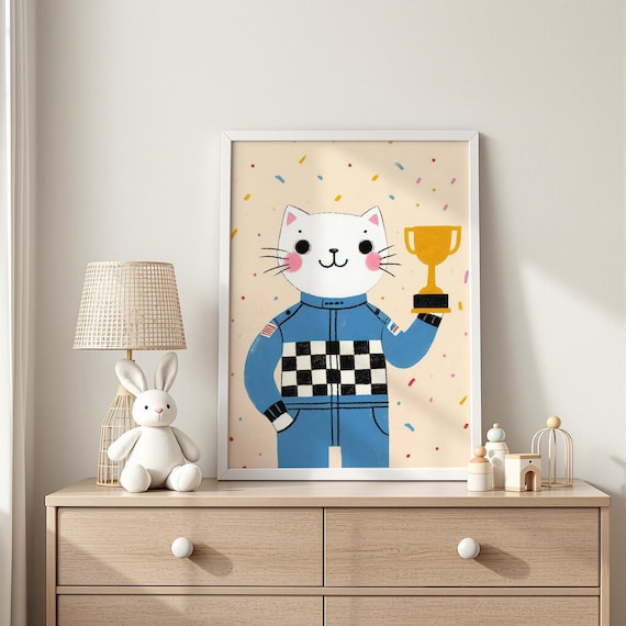 Cute White Cat Race Car Driver Holding Gold Trophy Kids Poster