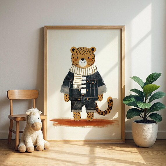 Leopard Cub Wearing Denim Jacket Nursery Illustration Wall Art