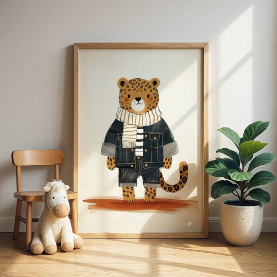 Urban Clothing Leopard Art Print Trendy Cheetah In Denim Illustration Kids Room Decor
