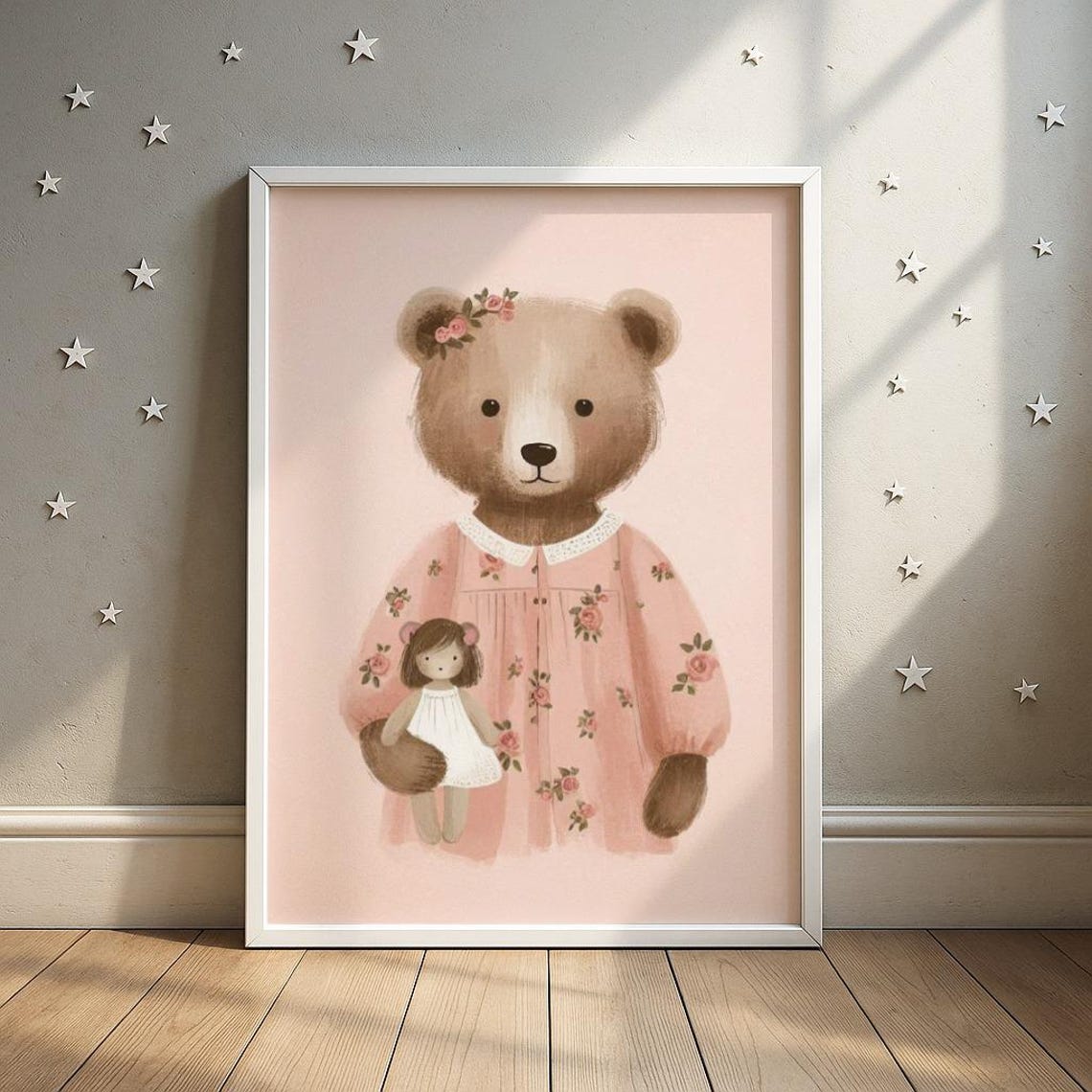 Sweet Teddy Bear In Pink Floral Dress Holding Doll Nursery Poster