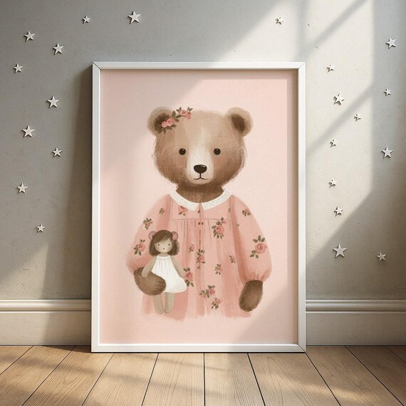 Sweet Teddy Bear In Pink Floral Dress Holding Doll Nursery Poster
