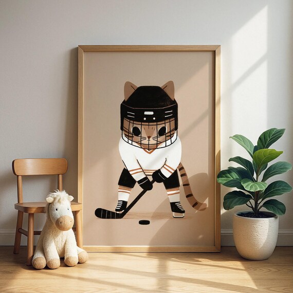 Cute Cat Hockey Player Full Gear Stick Puck Kids Sports Poster