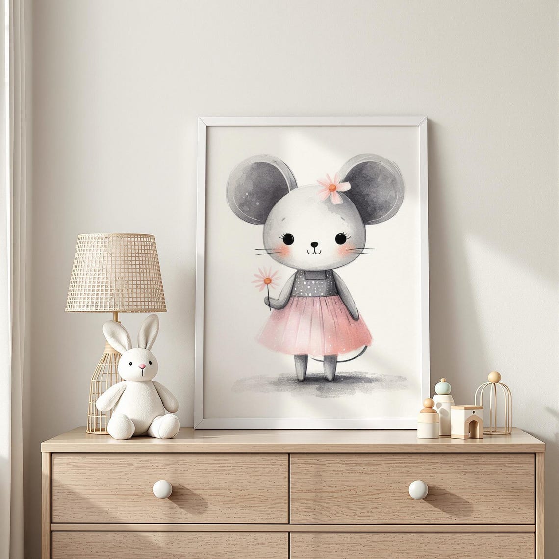Whimsical Mouse Girl in Pink Tutu Holding a Daisy Flower Poster