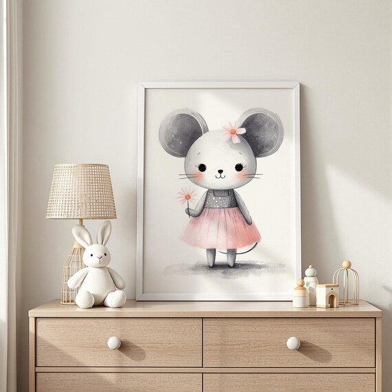 Whimsical Mouse Girl in Pink Tutu Holding a Daisy Flower Poster