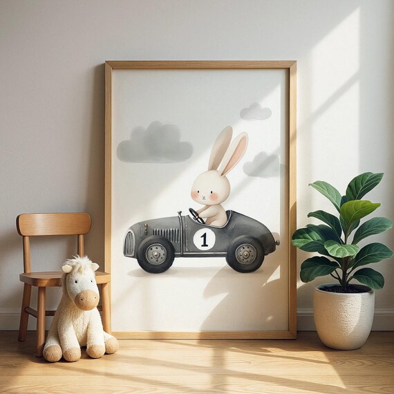 Race Car Rabbit Nursery Print Bunny Driving Vintage Illustration Toddler Room Decor