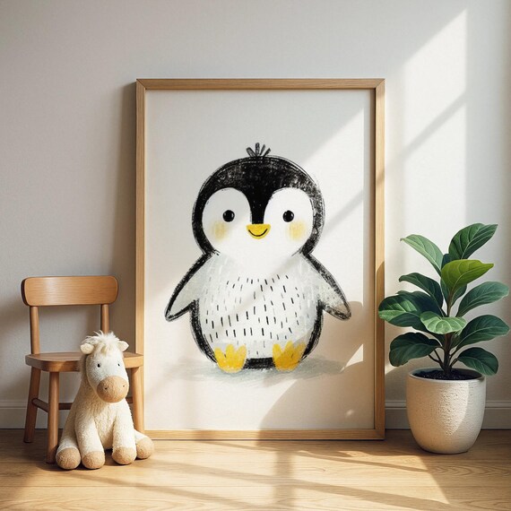 Cute Penguin Chick Frontal Sketch Yellow Feet Nursery Poster