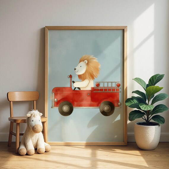 Lion Driving a Red Fire Truck With Ladder Kids Room Nursery Wall Art